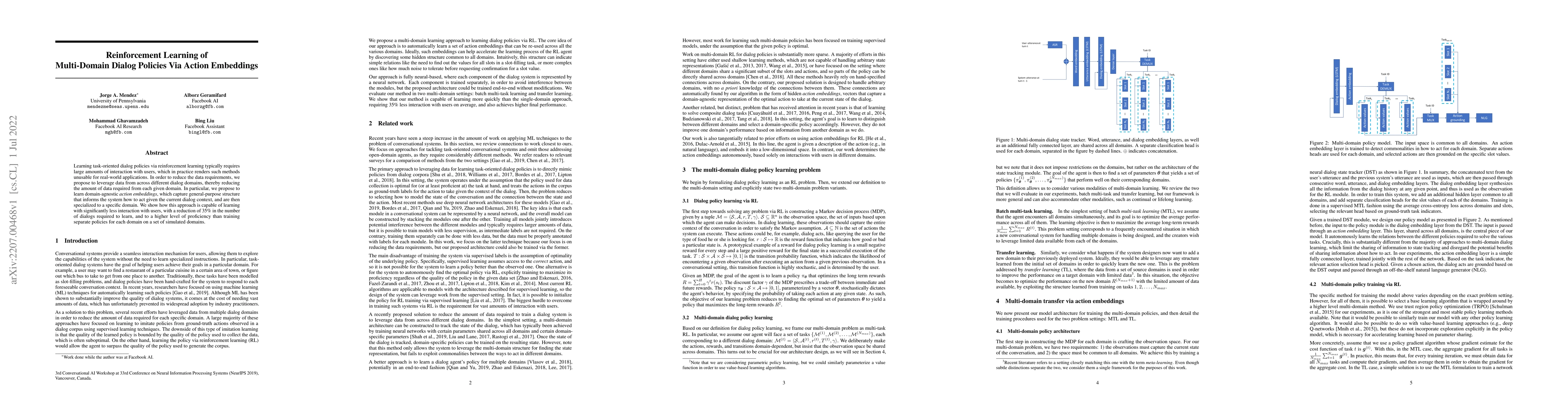 Thumbnail for Reinforcement Learning of Multi-Domain Dialog Policies Via Action
  Embeddings
