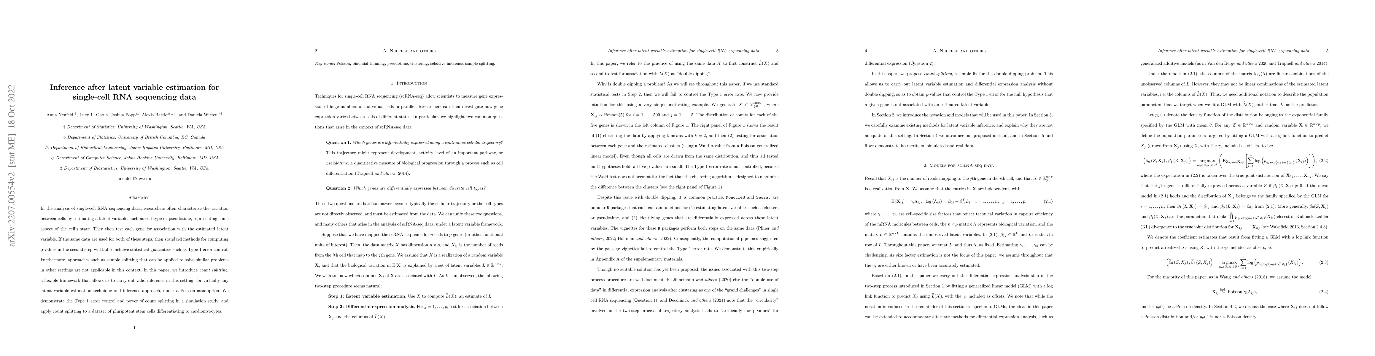 Thumbnail for Inference after latent variable estimation for single-cell RNA
  sequencing data