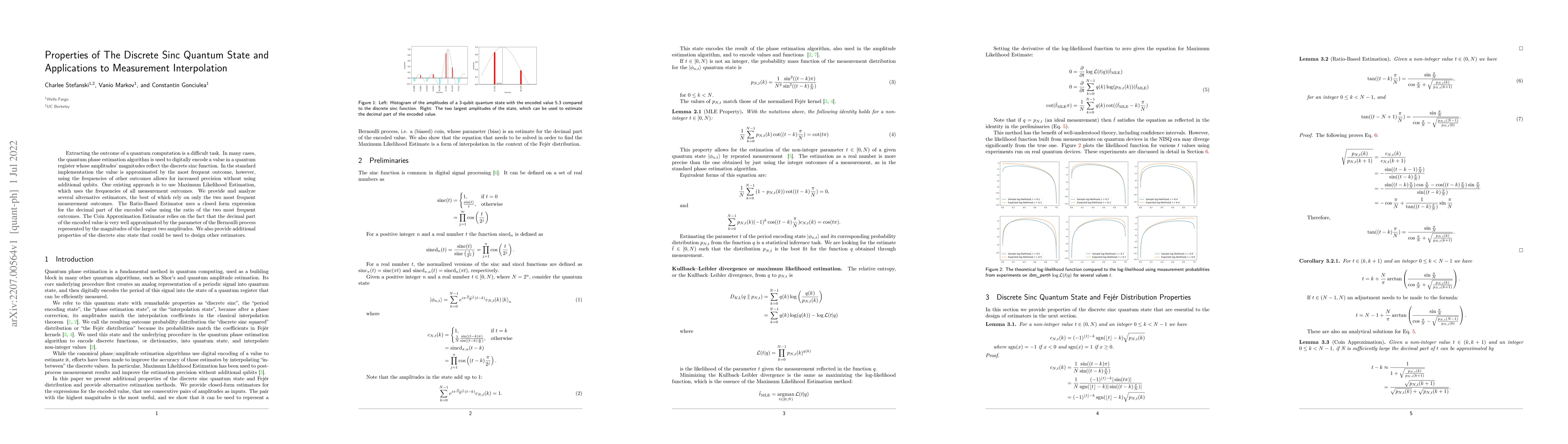 Thumbnail for Properties of The Discrete Sinc Quantum State and Applications to
  Measurement Interpolation