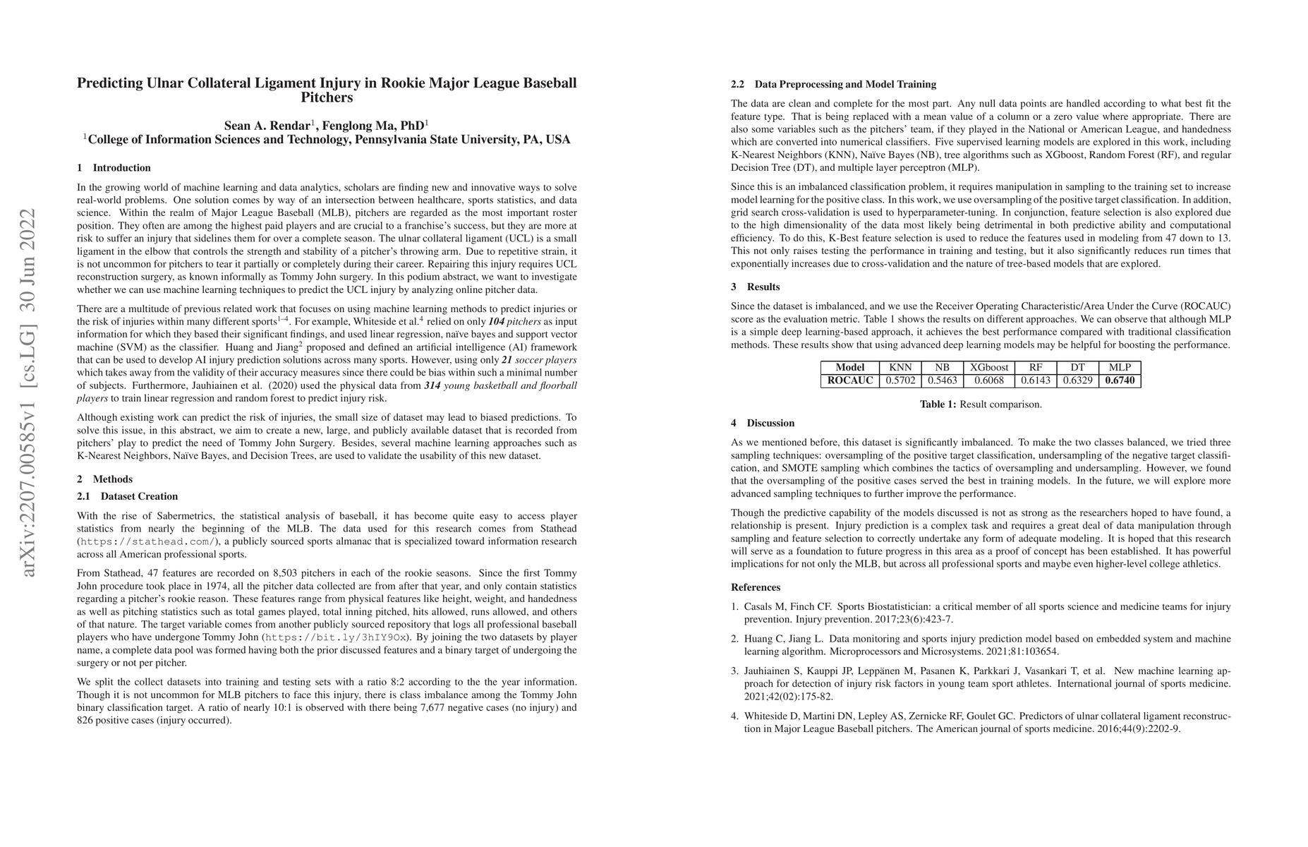 Thumbnail for Predicting Ulnar Collateral Ligament Injury in Rookie Major League
  Baseball Pitchers