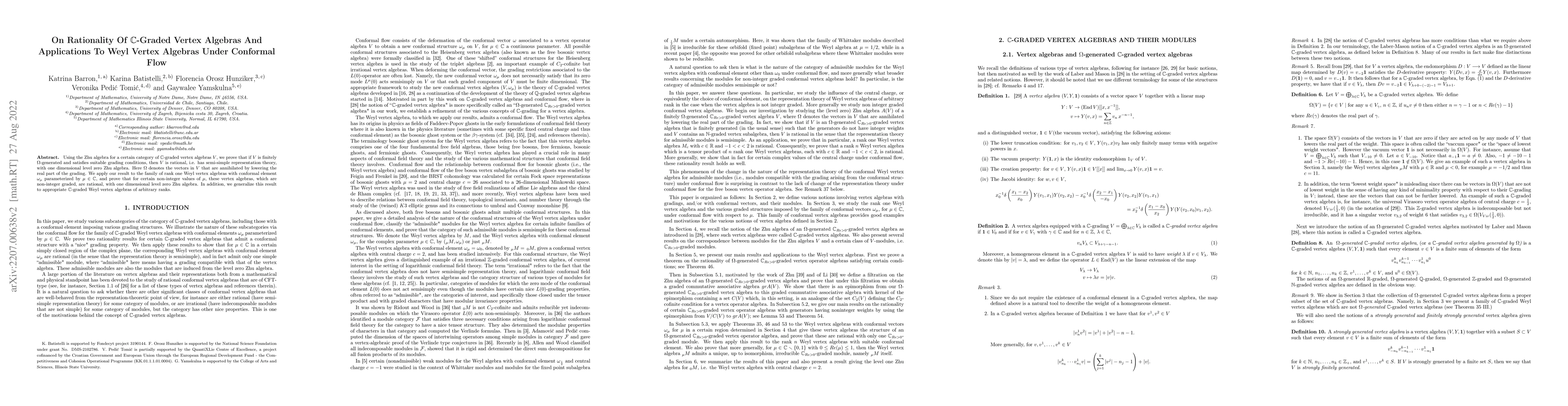 Thumbnail for On rationality of $\mathbb{C}$-graded vertex algebras and applications
  to Weyl vertex algebras under conformal flow