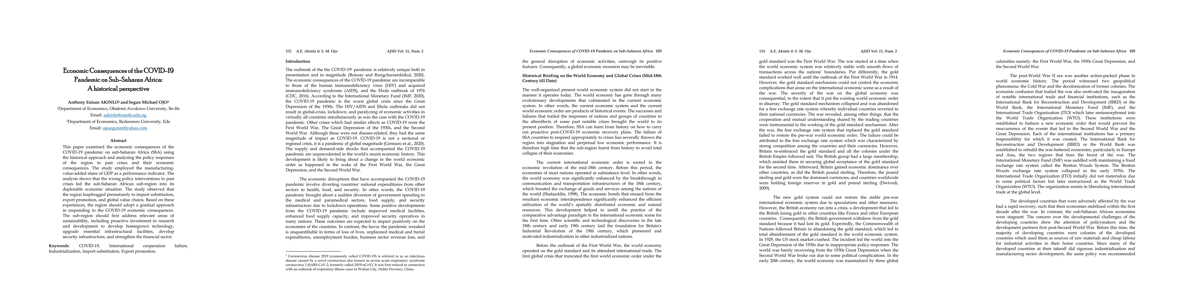 Thumbnail for Economic Consequences of the COVID-19 Pandemic on Sub-Saharan Africa: A
  historical perspective