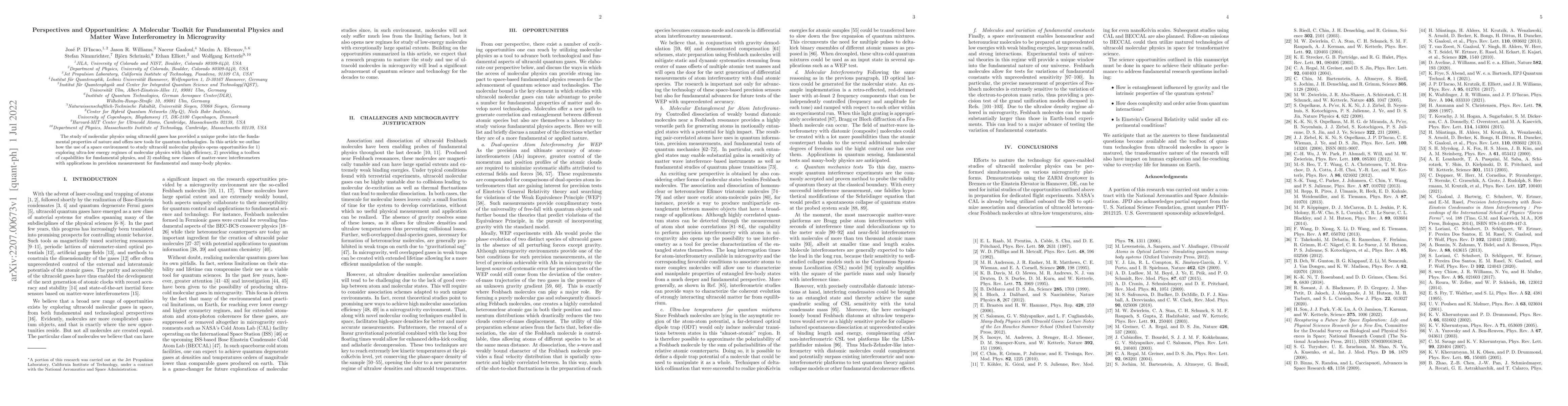 Thumbnail for Perspectives and Opportunities: A Molecular Toolkit for Fundamental
  Physics and Matter Wave Interferometry in Microgravity