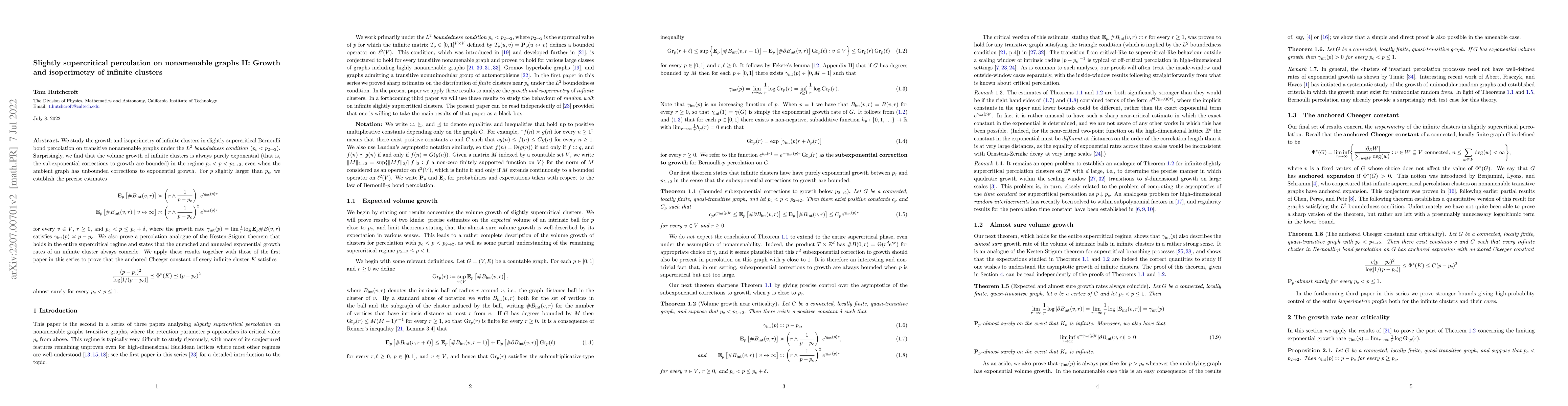 Thumbnail for Slightly supercritical percolation on nonamenable graphs II: Growth and
  isoperimetry of infinite clusters