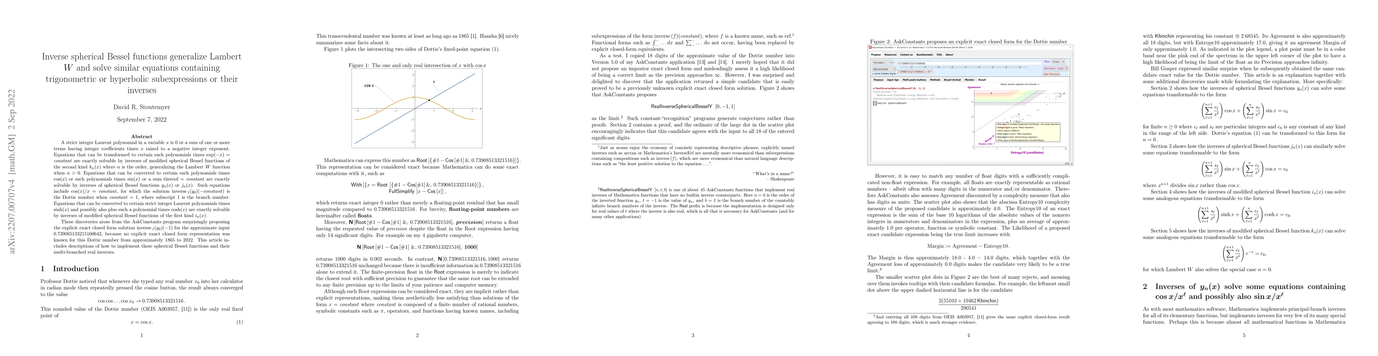Thumbnail for Inverse spherical Bessel functions generalize Lambert W and solve
  similar equations containing trigonometric or hyperbolic subexpressions or
  their inverses