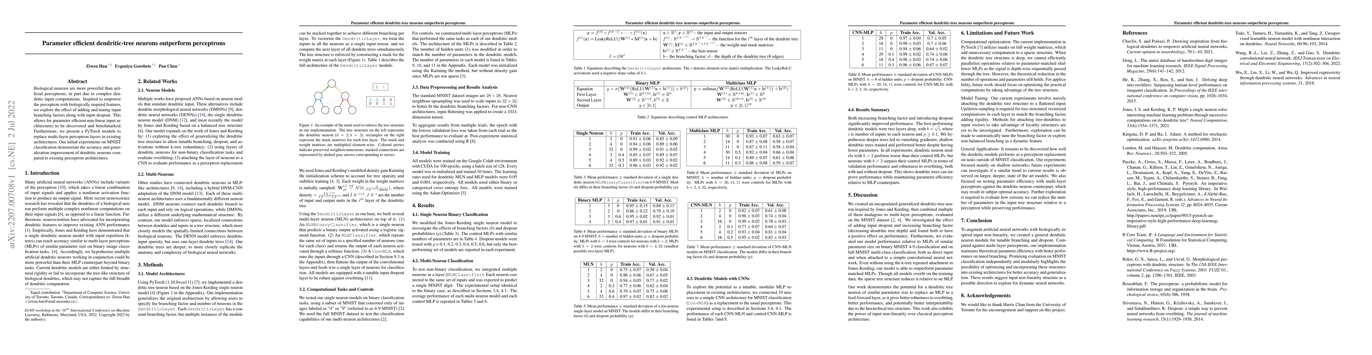 Thumbnail for Parameter efficient dendritic-tree neurons outperform perceptrons