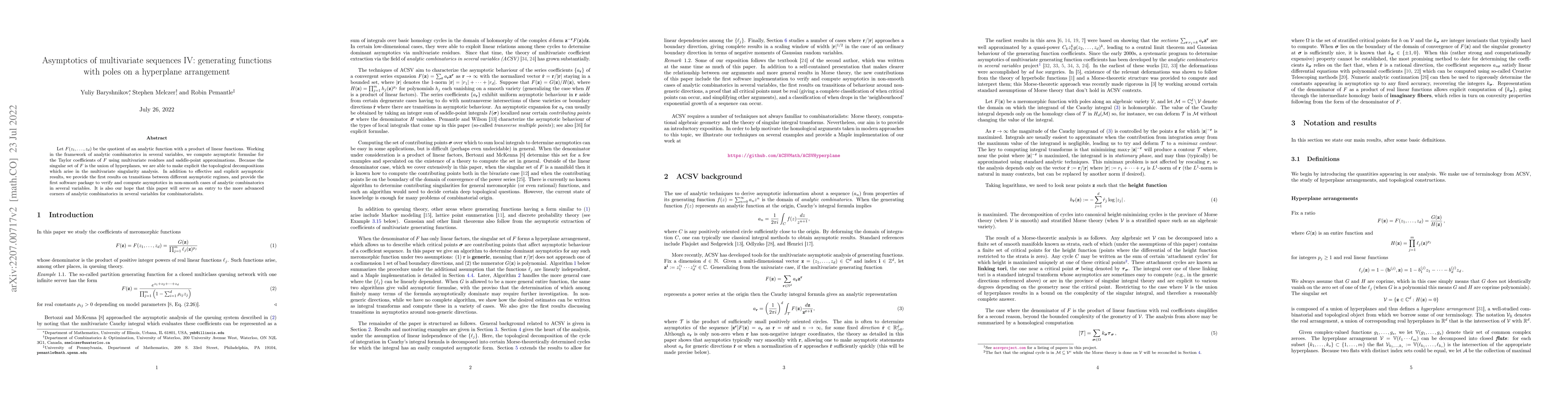 Thumbnail for Asymptotics of multivariate sequences IV: generating functions with
  poles on a hyperplane arrangement