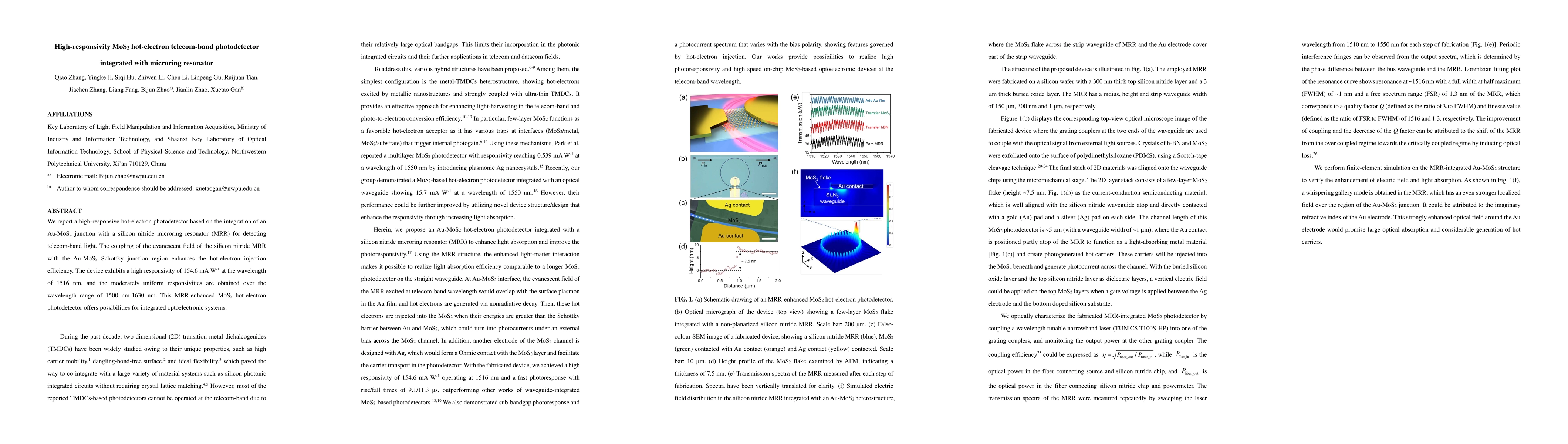 Thumbnail for High-responsivity MoS$_2$ hot-electron telecom-band photodetector
  integrated with microring resonator