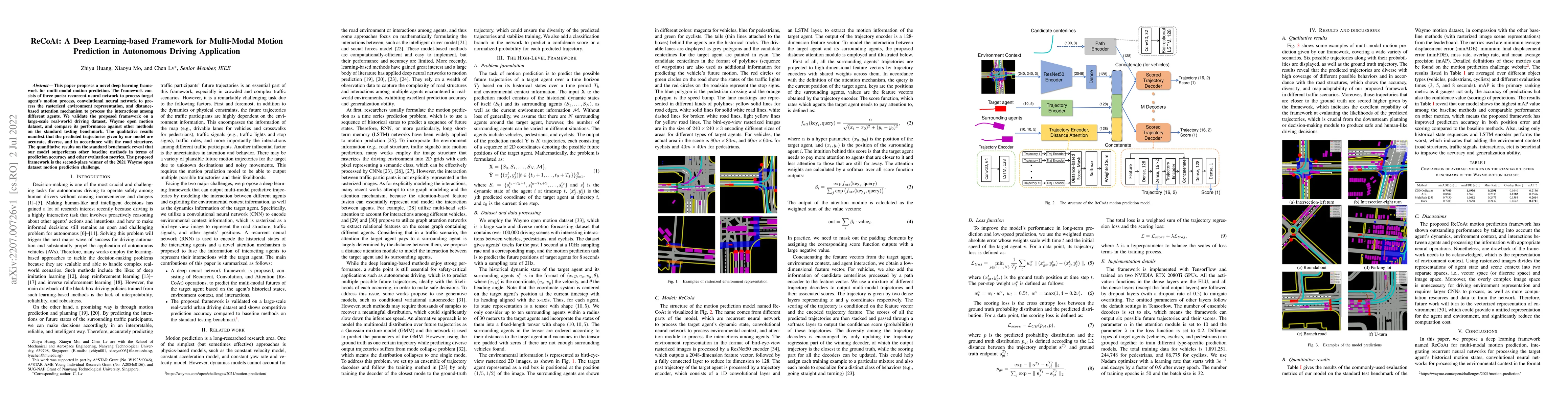 Thumbnail for ReCoAt: A Deep Learning-based Framework for Multi-Modal Motion
  Prediction in Autonomous Driving Application