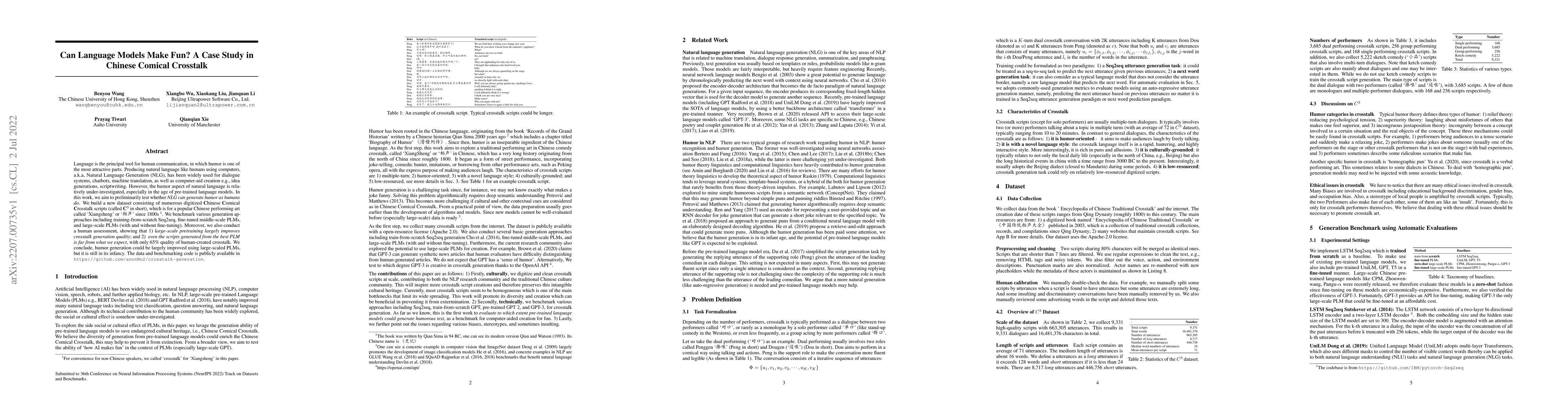 Thumbnail for Can Language Models Make Fun? A Case Study in Chinese Comical Crosstalk
