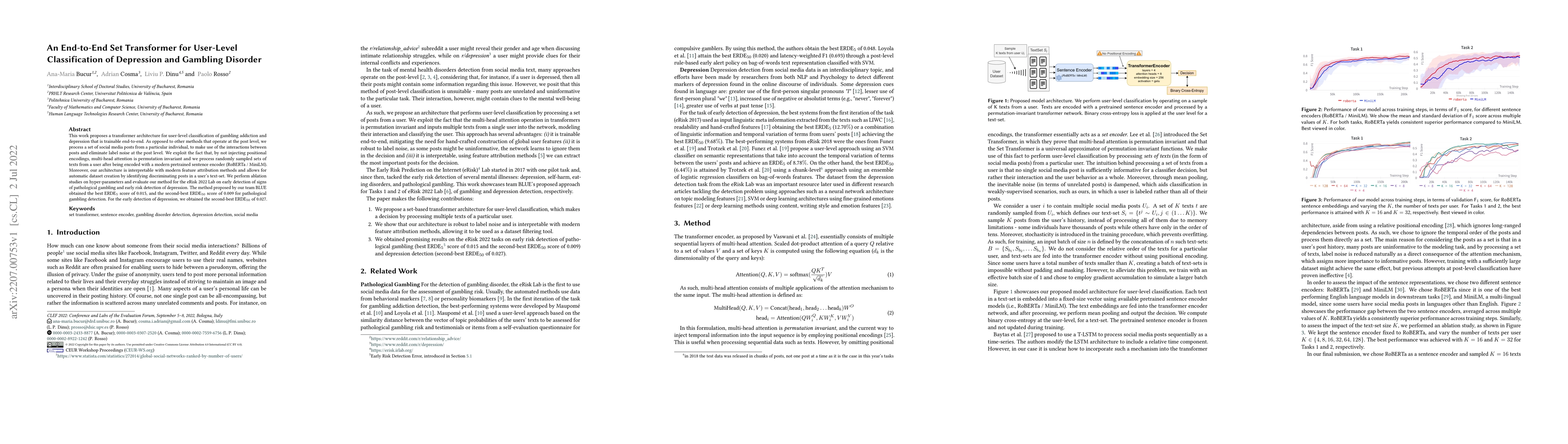 Thumbnail for An End-to-End Set Transformer for User-Level Classification of
  Depression and Gambling Disorder