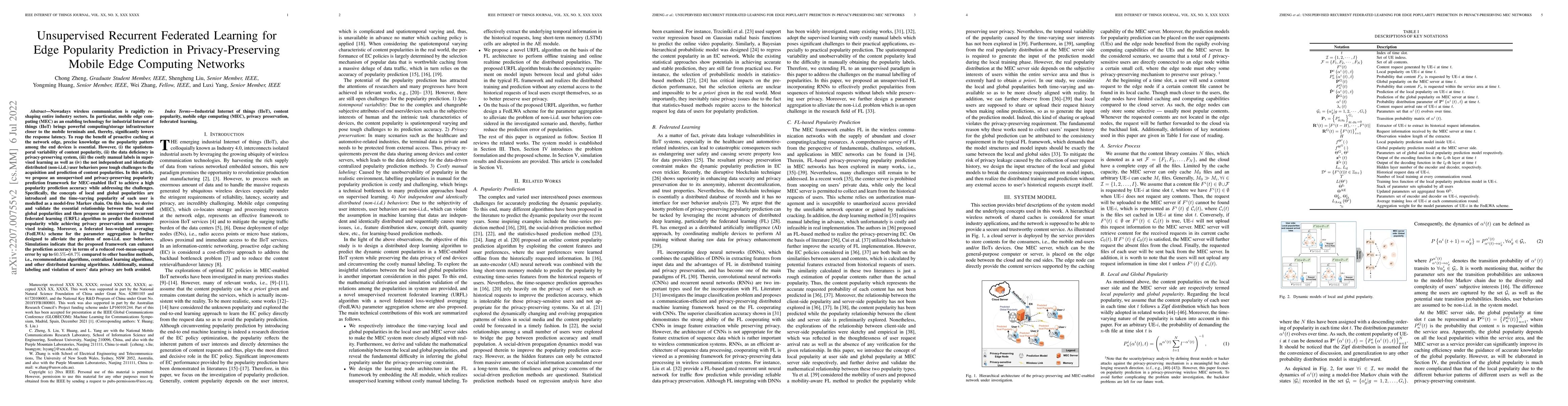 Thumbnail for Unsupervised Recurrent Federated Learning for Edge Popularity Prediction
  in Privacy-Preserving Mobile Edge Computing Networks