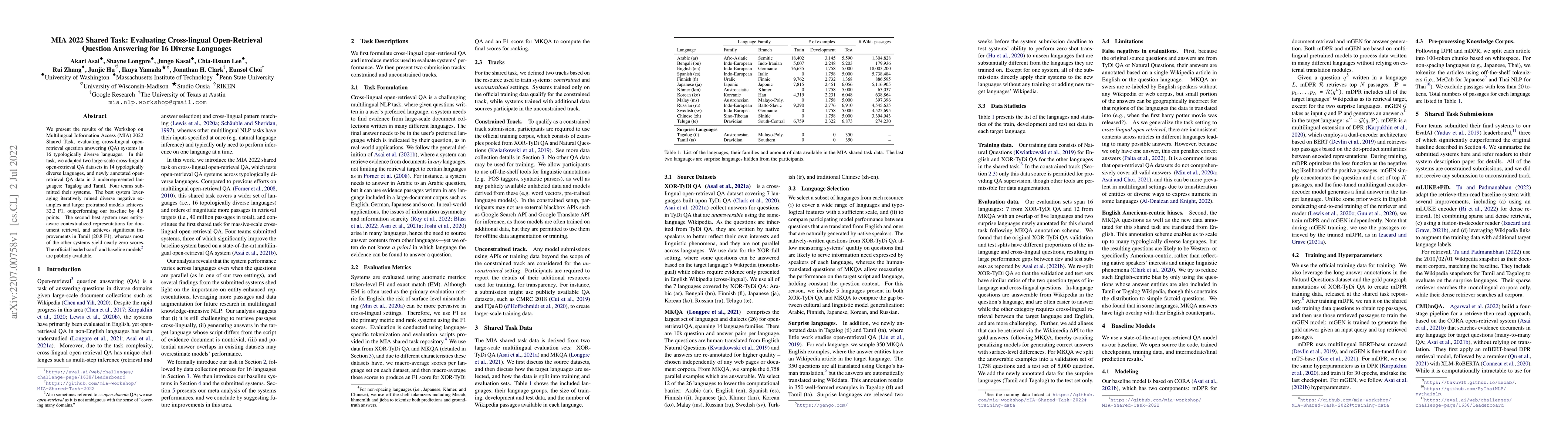 Thumbnail for MIA 2022 Shared Task: Evaluating Cross-lingual Open-Retrieval Question
  Answering for 16 Diverse Languages