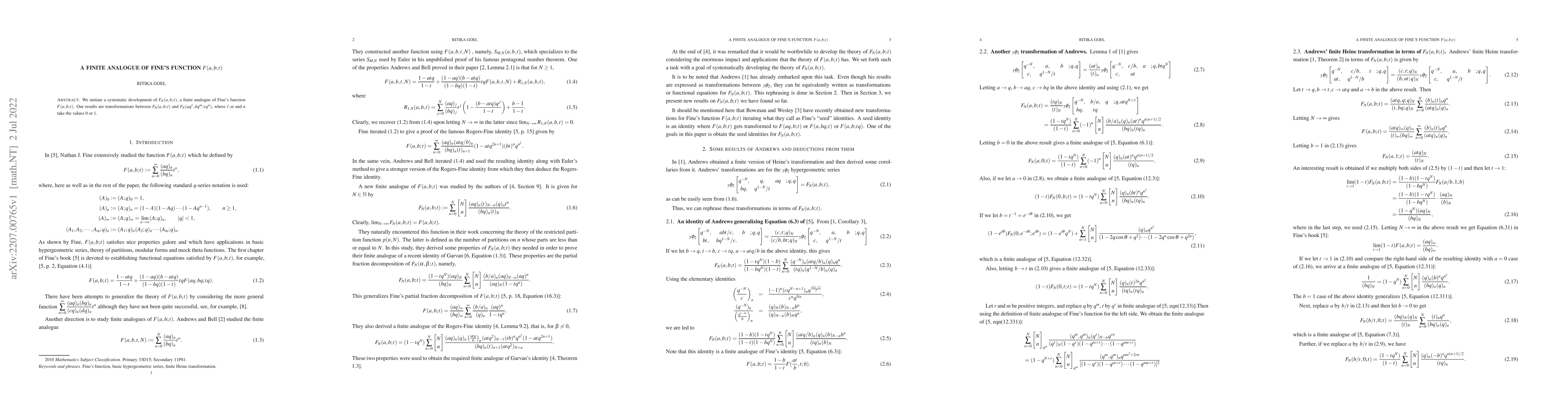 Thumbnail for A Finite Analogue Of Fine's Function $F(a,b;t)$