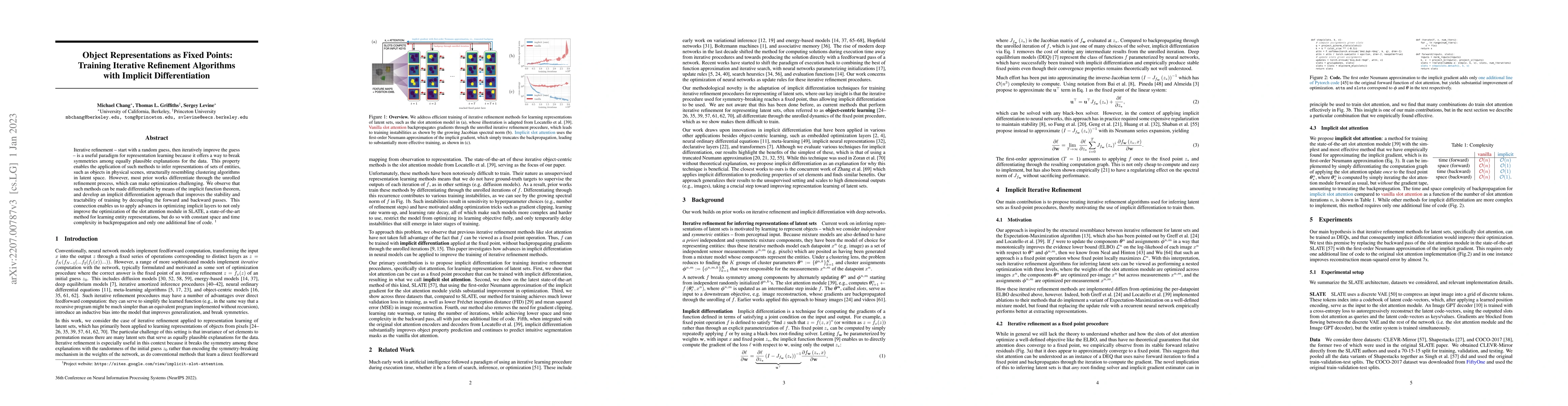 Thumbnail for Object Representations as Fixed Points: Training Iterative Refinement
  Algorithms with Implicit Differentiation