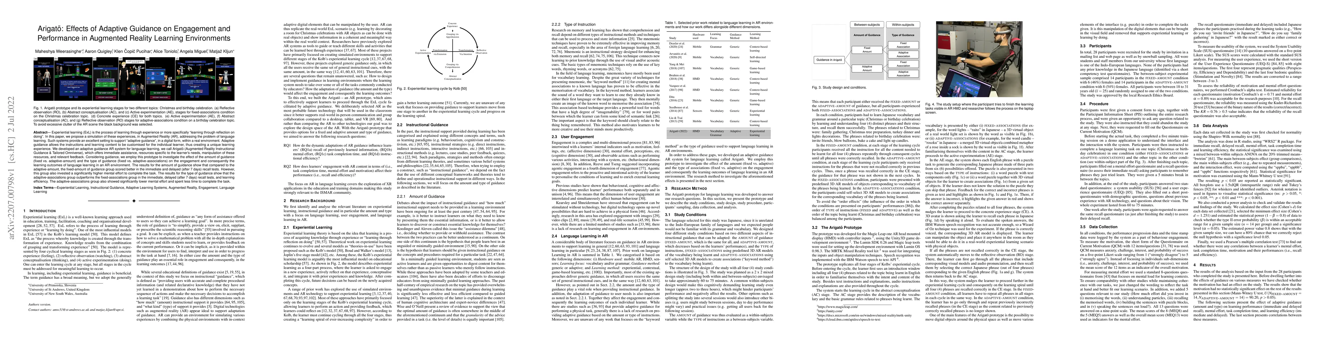 Thumbnail for Arigat\=o: Effects of Adaptive Guidance on Engagement and Performance in
  Augmented Reality Learning Environments