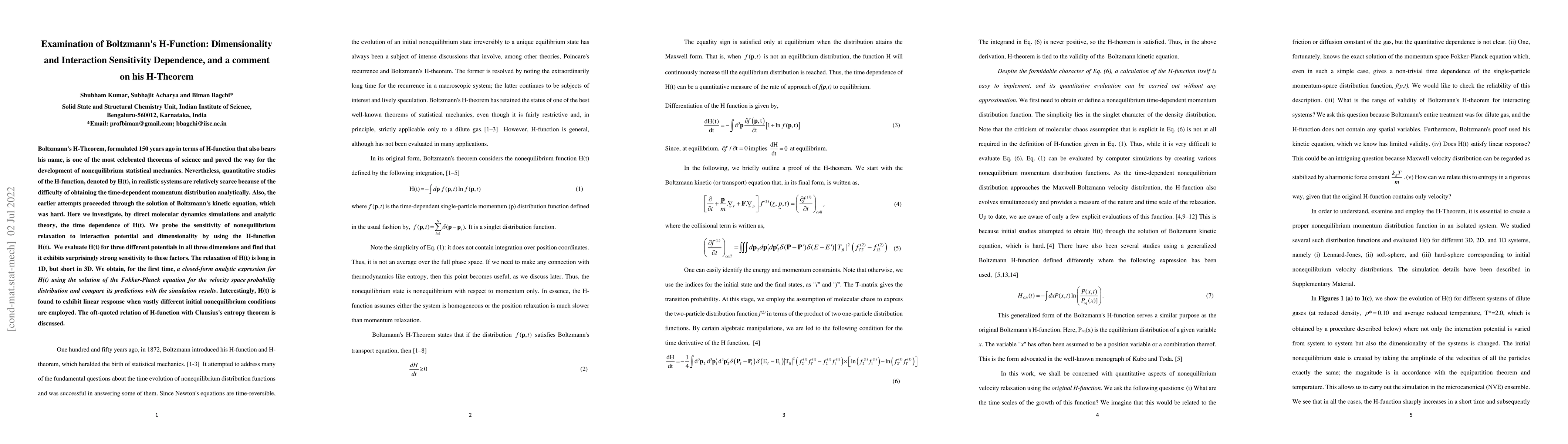 Thumbnail for Examination of Boltzmann's H-Function: Dimensionality and Interaction
  Sensitivity Dependence, and a comment on his H-Theorem