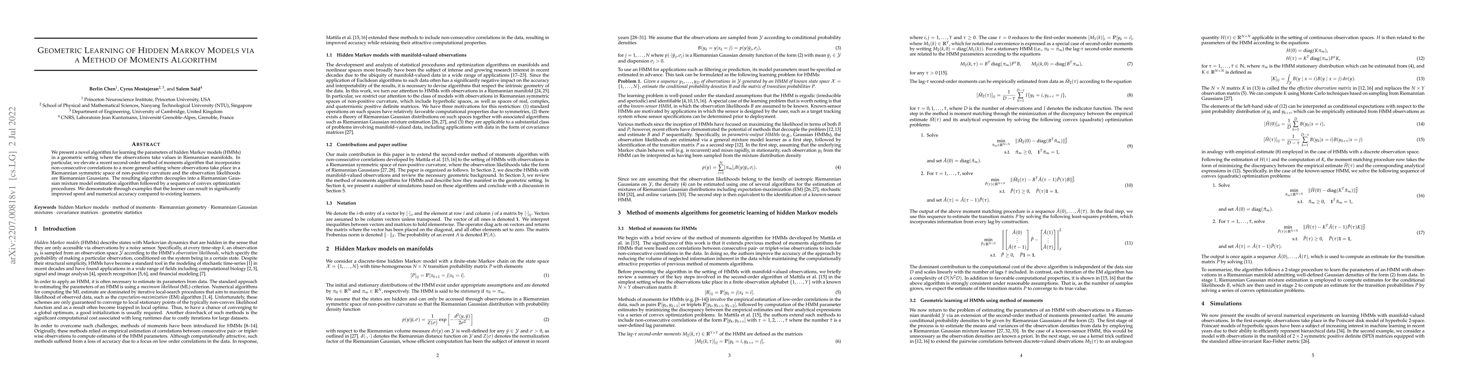 Thumbnail for Geometric Learning of Hidden Markov Models via a Method of Moments
  Algorithm