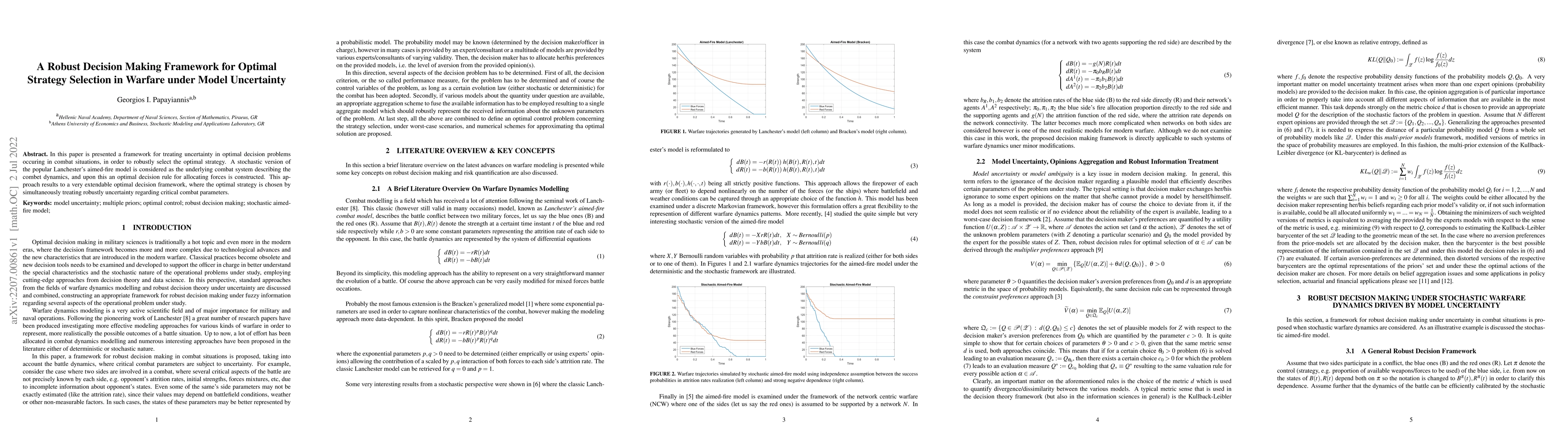 Thumbnail for A Robust Decision Making Framework for Optimal Strategy Selection in
  Warfare under Model Uncertainty