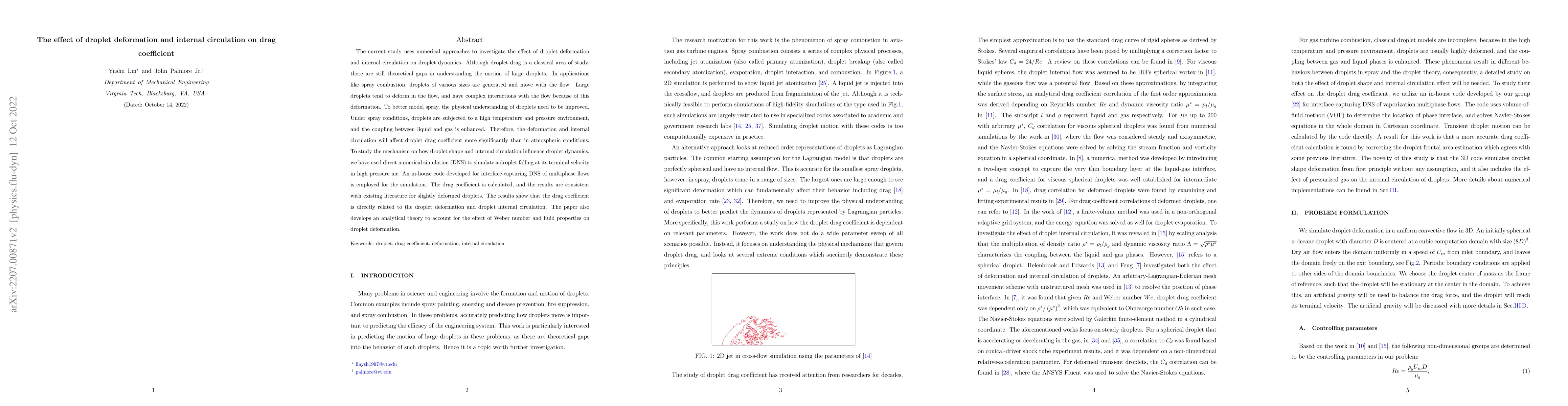 Thumbnail for The effect of droplet deformation and internal circulation on drag
  coefficient