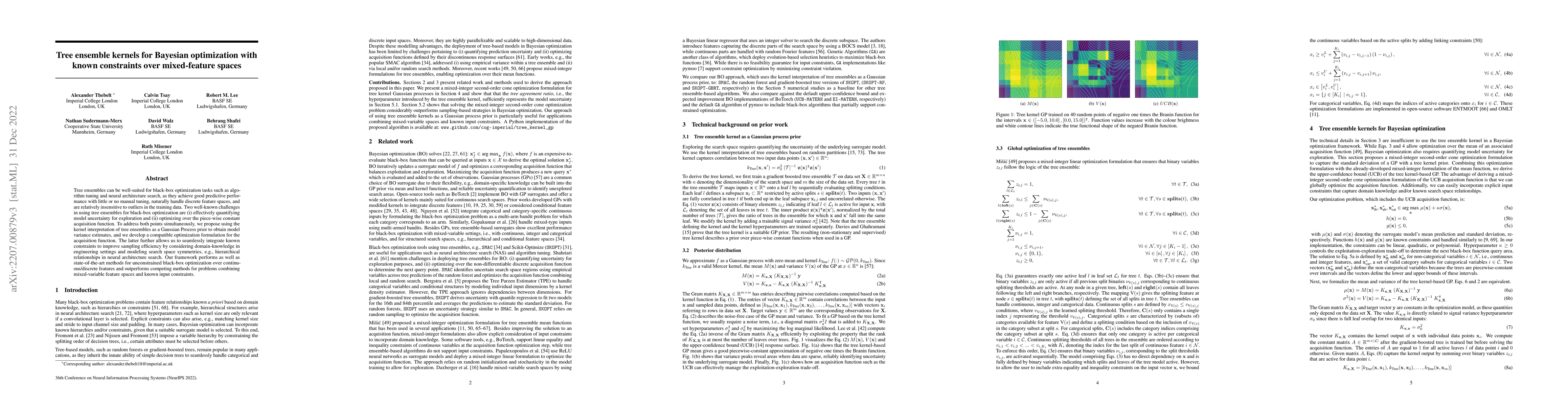 Thumbnail for Tree ensemble kernels for Bayesian optimization with known constraints
  over mixed-feature spaces