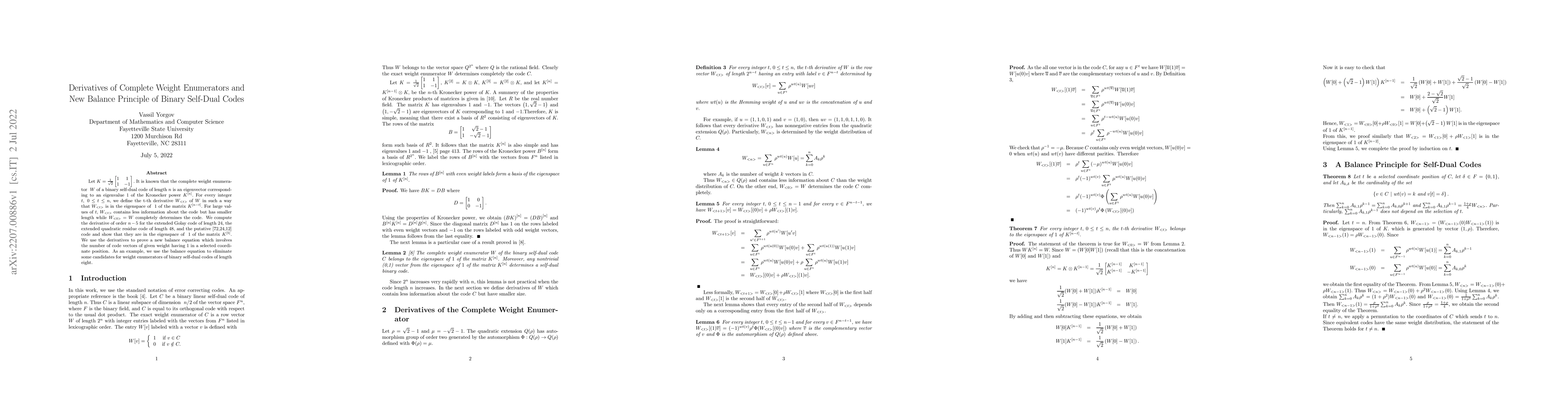 Thumbnail for Derivatives of Complete Weight Enumerators and New Balance Principle of
  Binary Self-Dual Codes