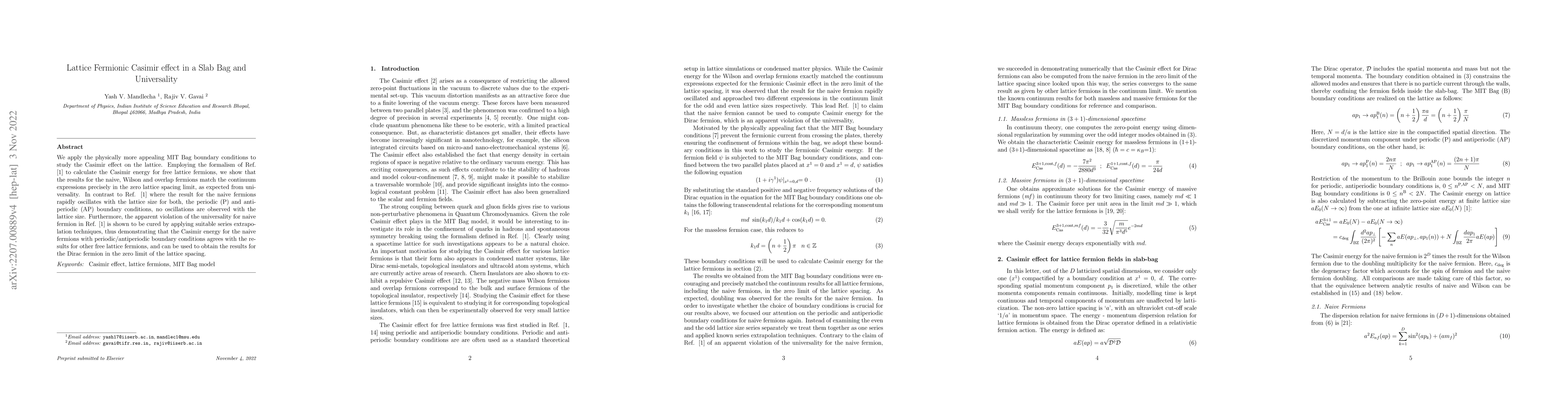 Thumbnail for Lattice Fermionic Casimir effect in a Slab Bag and Universality