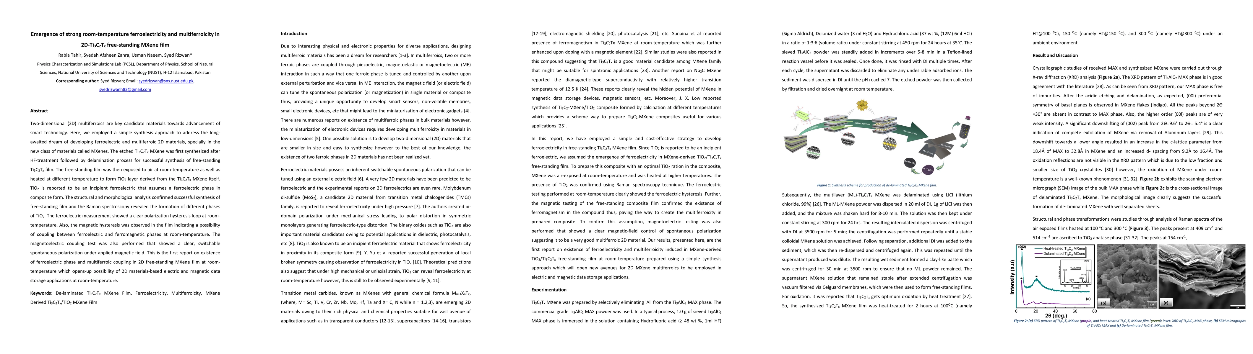 Thumbnail for Emergence of strong room-temperature ferroelectricity and
  multiferroicity in 2D-Ti$_3$C$_2$T$_x$ free-standing MXene film