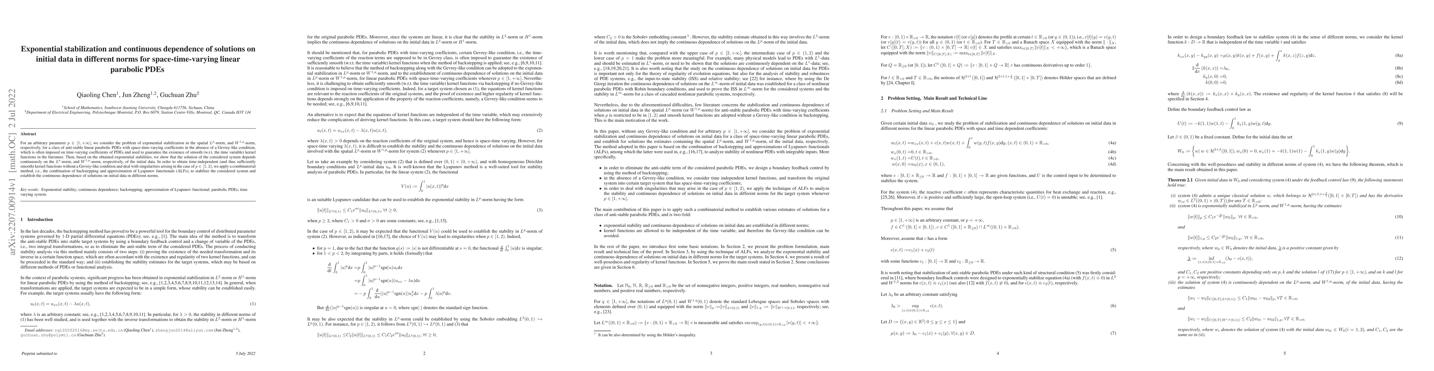 Thumbnail for Exponential stabilization and continuous dependence of solutions on
  initial data in different norms for space-time-varying linear parabolic PDEs