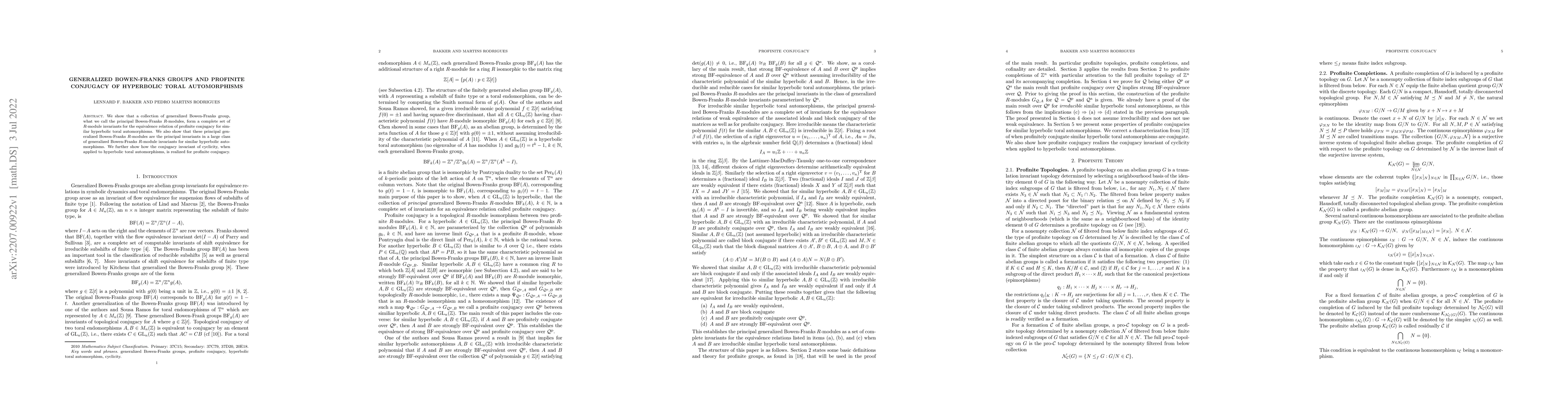 Thumbnail for Generalized Bowen-Franks Groups and Profinite Conjugacy for Hyperbolic
  Toral Automorphisms