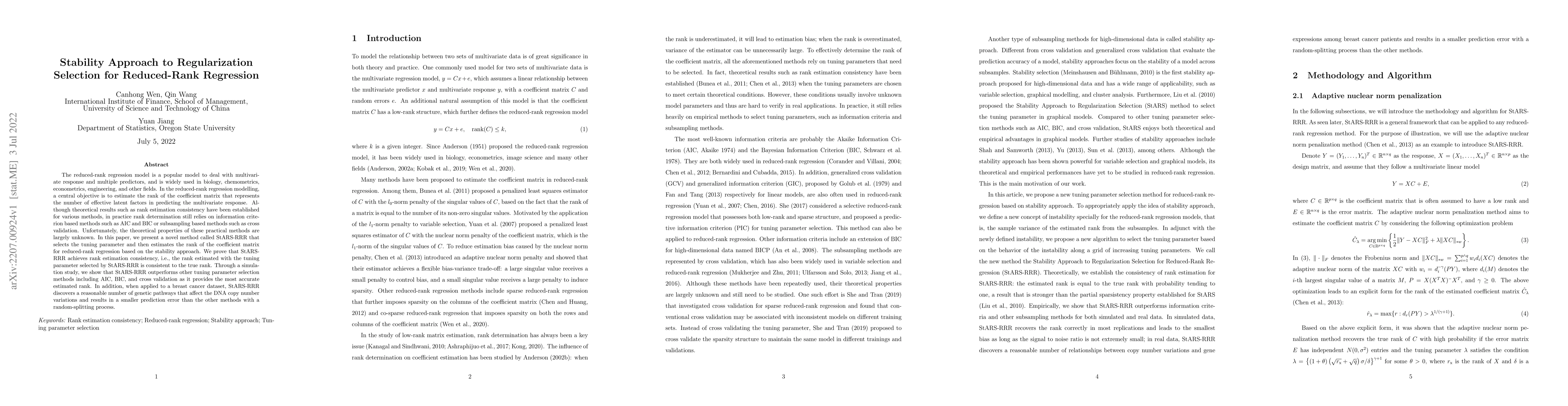 Thumbnail for Stability Approach to Regularization Selection for Reduced-Rank
  Regression