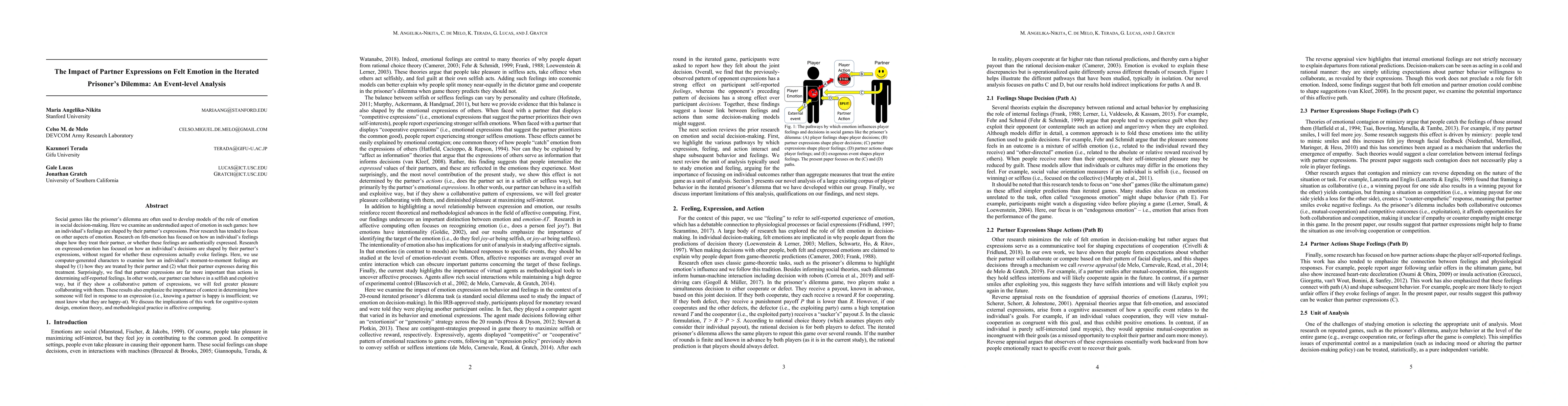 Thumbnail for The Impact of Partner Expressions on Felt Emotion in the Iterated
  Prisoner's Dilemma: An Event-level Analysis