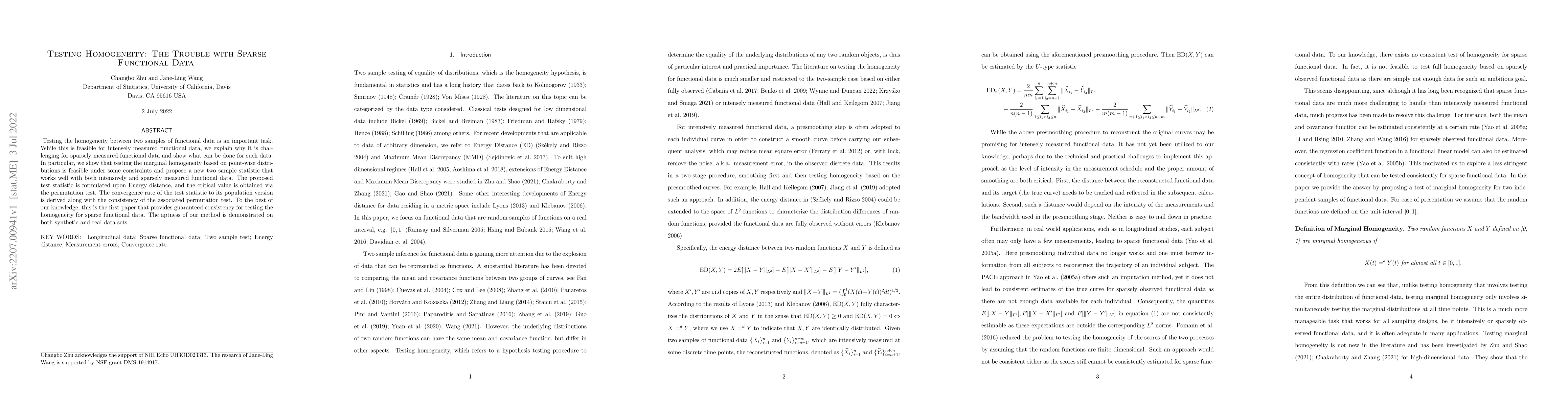Thumbnail for Testing Homogeneity: The Trouble with Sparse Functional Data