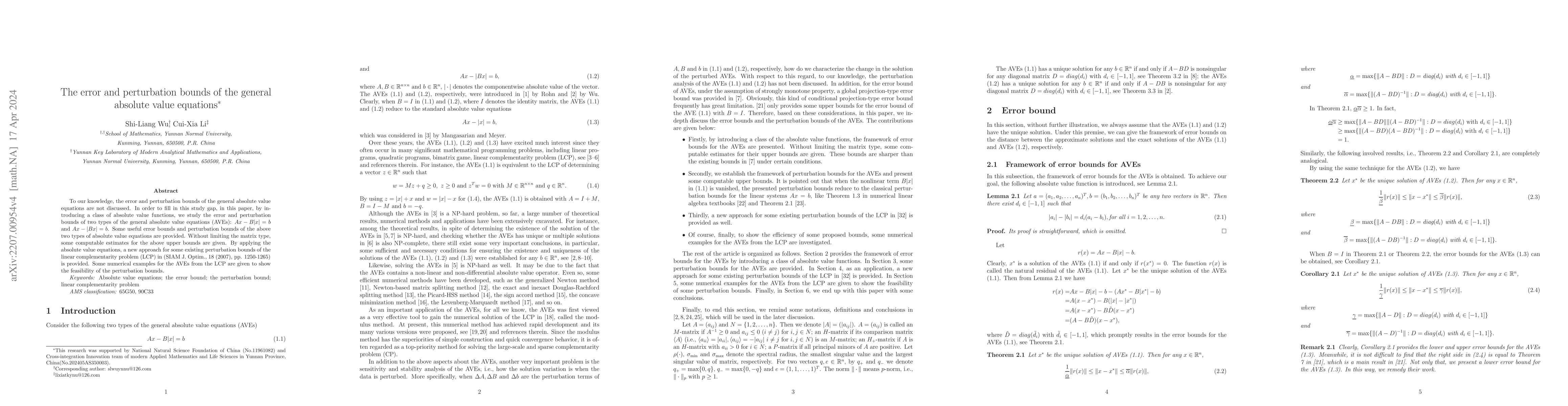 Thumbnail for The error and perturbation bounds of the general absolute value
  equations