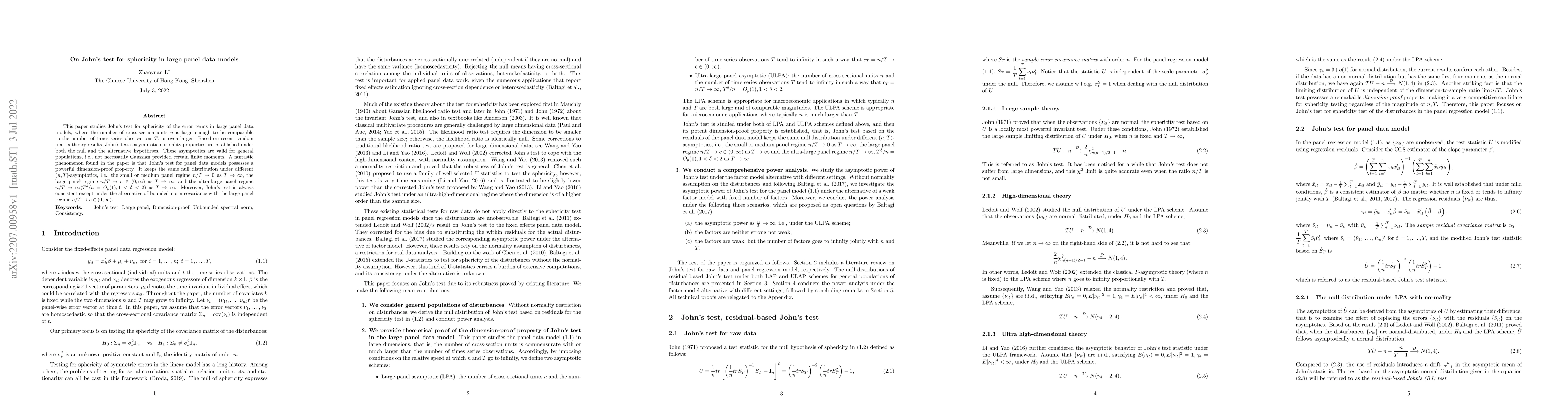 Thumbnail for On John's test for sphericity in large panel data models