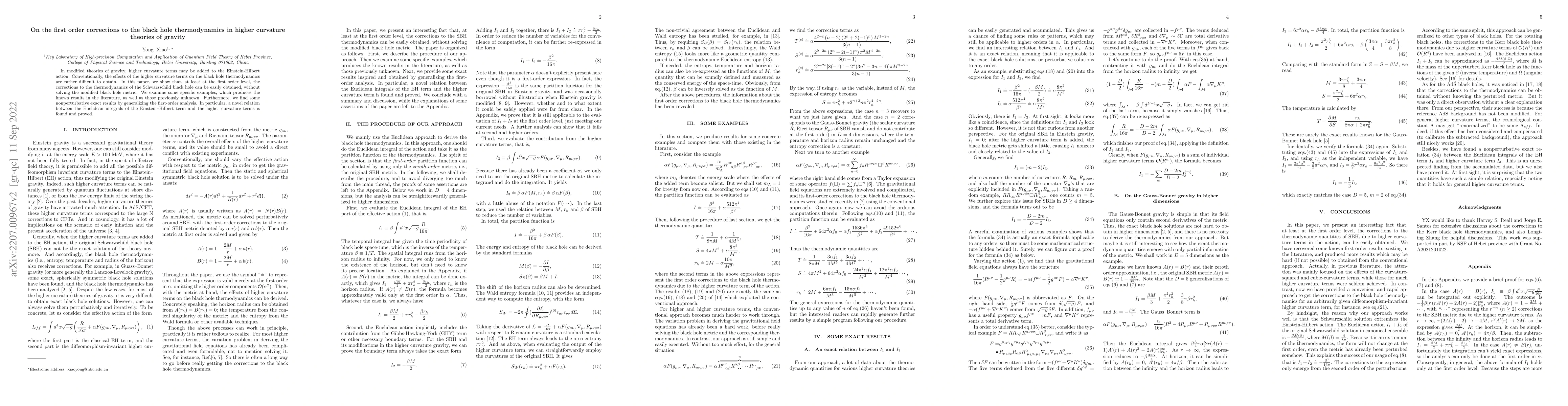 Thumbnail for On the first order corrections to the black hole thermodynamics in
  higher curvature theories of gravity