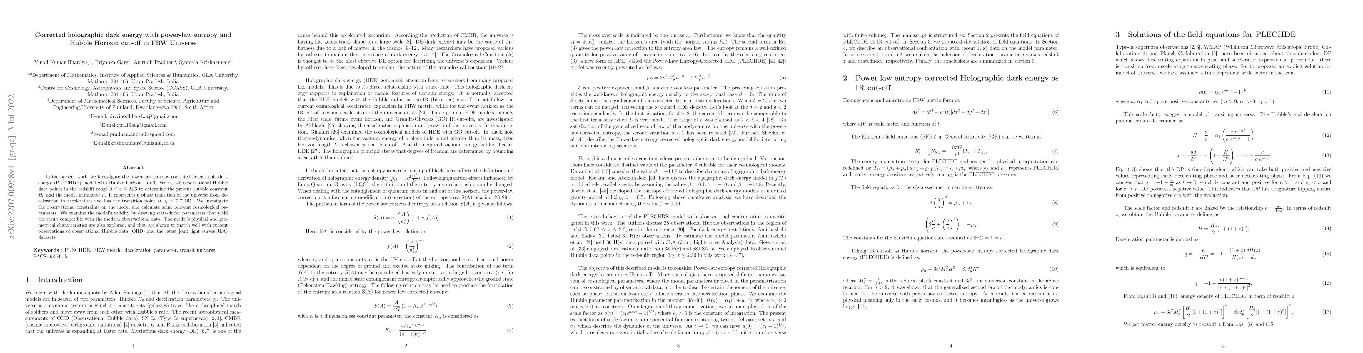 Thumbnail for Corrected holographic dark energy with power-law entropy and Hubble
  Horizon cut-off in FRW Universe