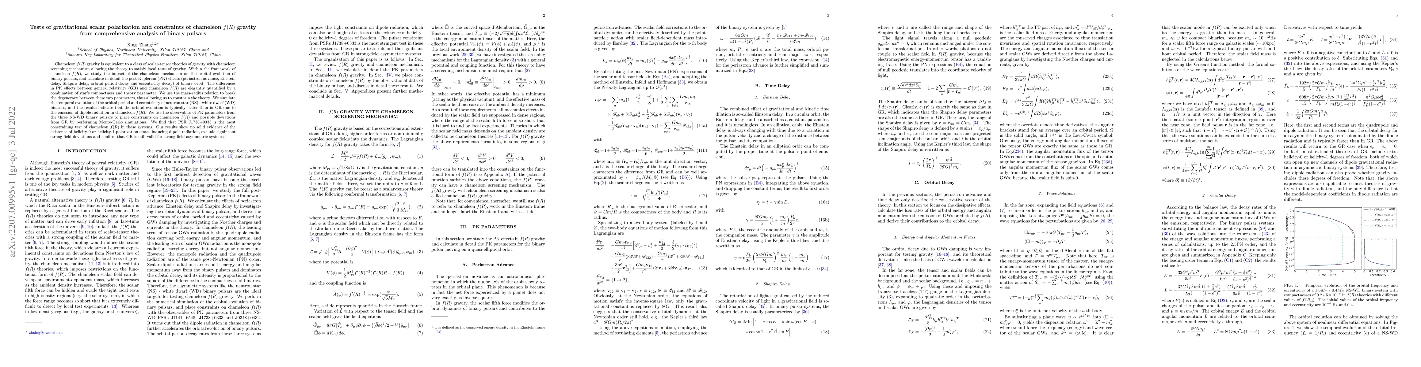Thumbnail for Tests of gravitational scalar polarization and constraints of chameleon
  $f(R)$ gravity from comprehensive analysis of binary pulsars