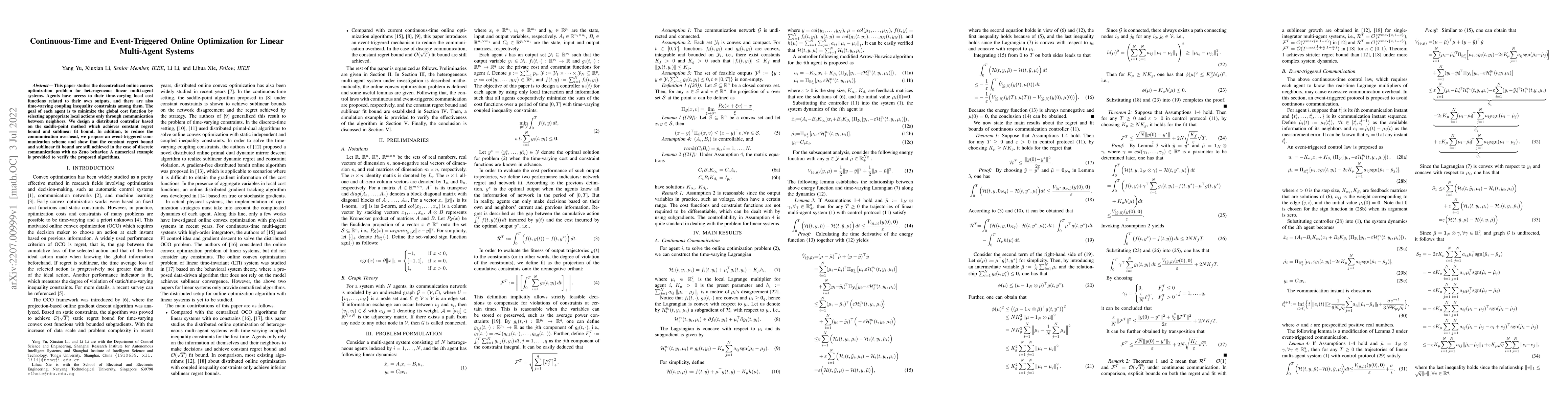Thumbnail for Continuous-Time and Event-Triggered Online Optimization for Linear
  Multi-Agent Systems