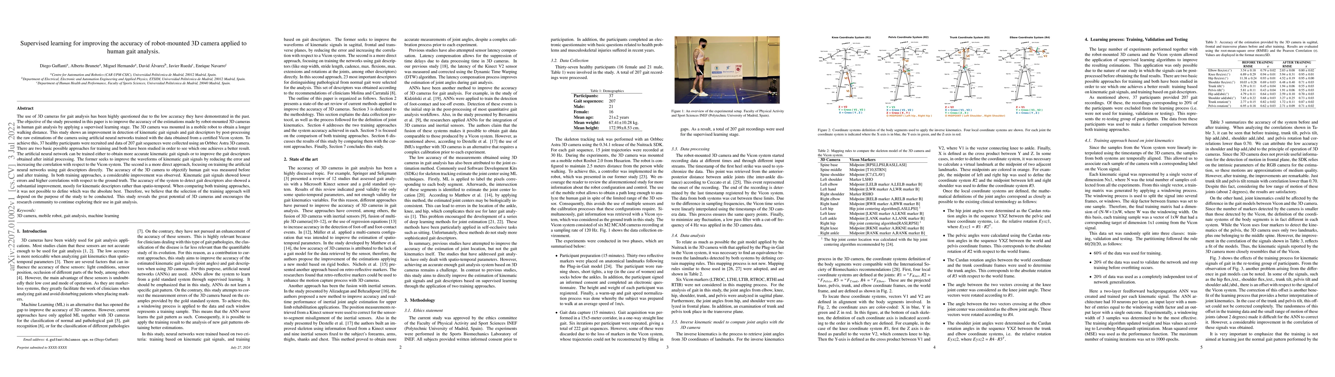Thumbnail for Supervised learning for improving the accuracy of robot-mounted 3D
  camera applied to human gait analysis