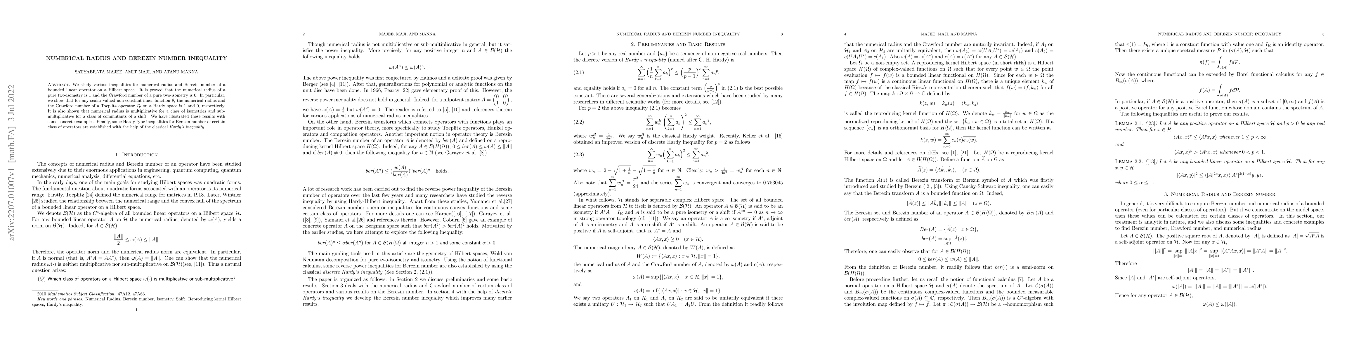 Thumbnail for Numerical radius and Berezin number inequality