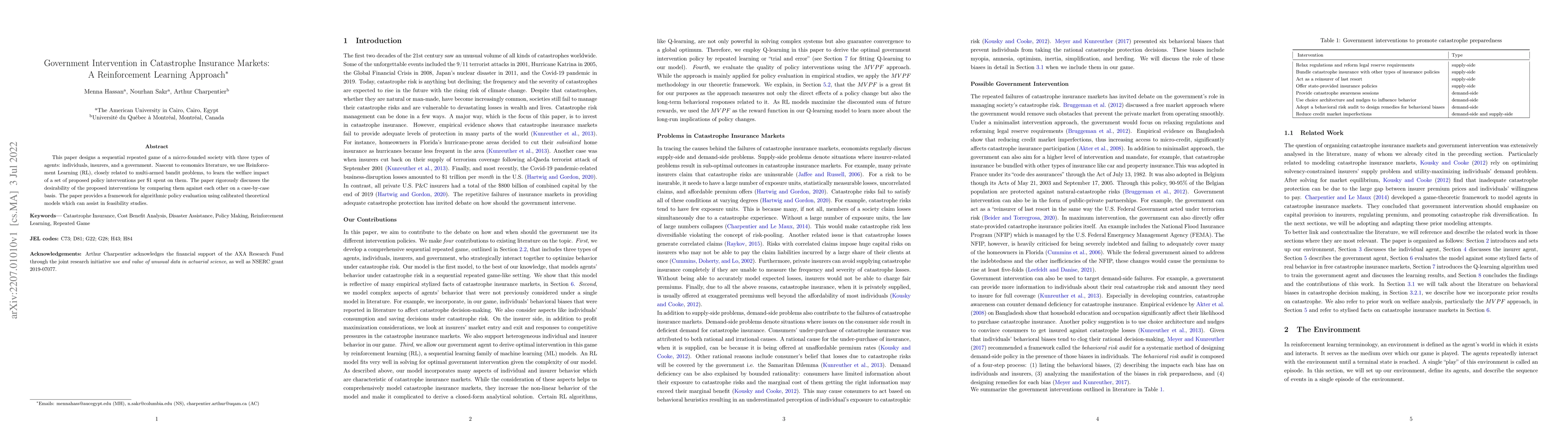 Thumbnail for Government Intervention in Catastrophe Insurance Markets: A
  Reinforcement Learning Approach