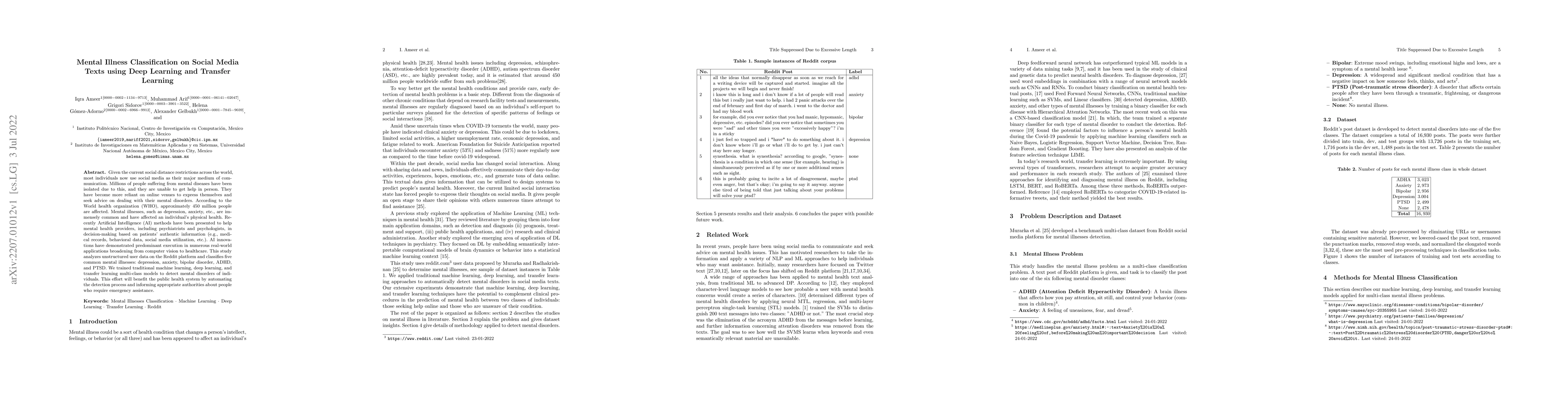 Thumbnail for Mental Illness Classification on Social Media Texts using Deep Learning
  and Transfer Learning