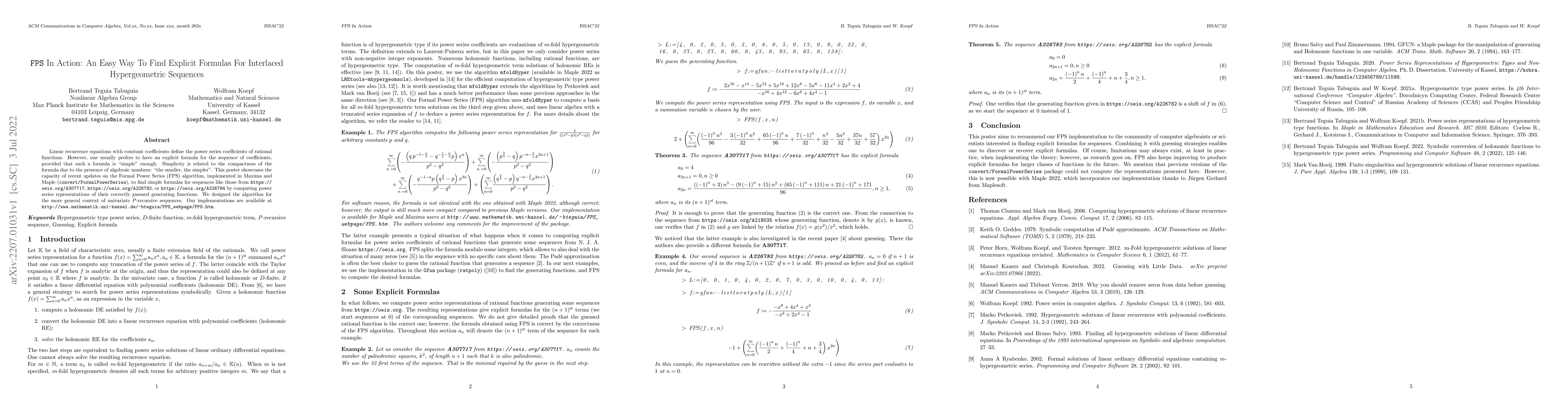Thumbnail for FPS In Action: An Easy Way To Find Explicit Formulas For Interlaced
  Hypergeometric Sequences