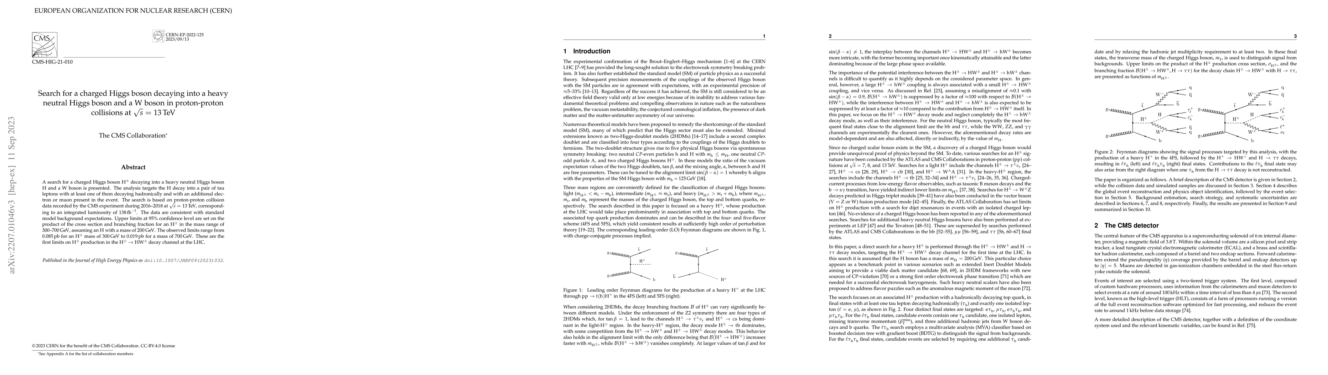 Thumbnail for Search for a charged Higgs boson decaying into a heavy neutral Higgs
  boson and a W boson in proton-proton collisions at $\sqrt{s}$ = 13 TeV