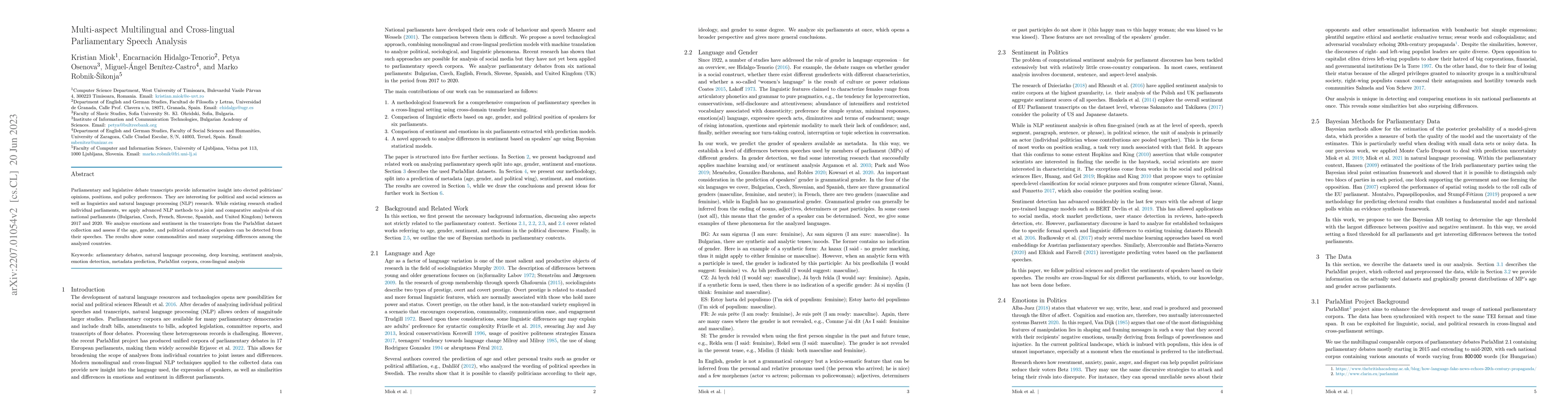 Thumbnail for Multi-aspect Multilingual and Cross-lingual Parliamentary Speech
  Analysis