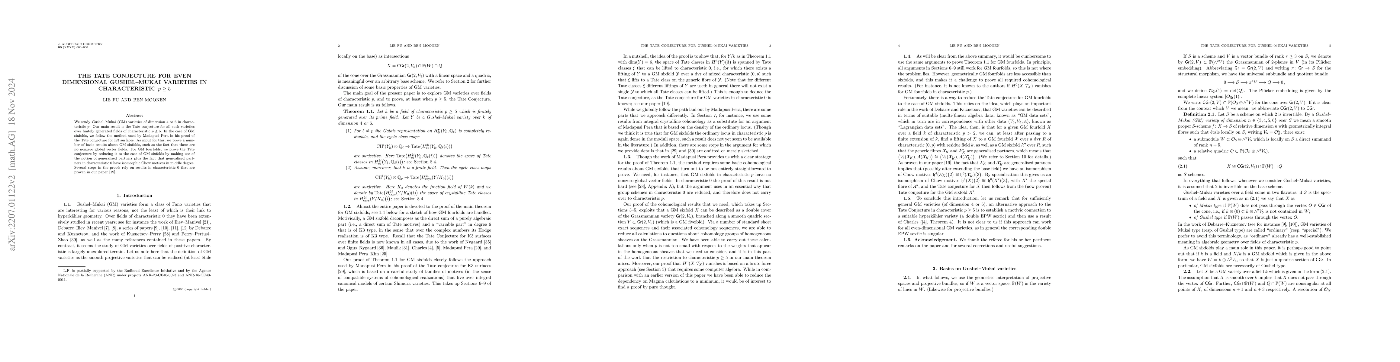 Thumbnail for The Tate Conjecture for even dimensional Gushel-Mukai varieties in
  characteristic $p\geq 5$