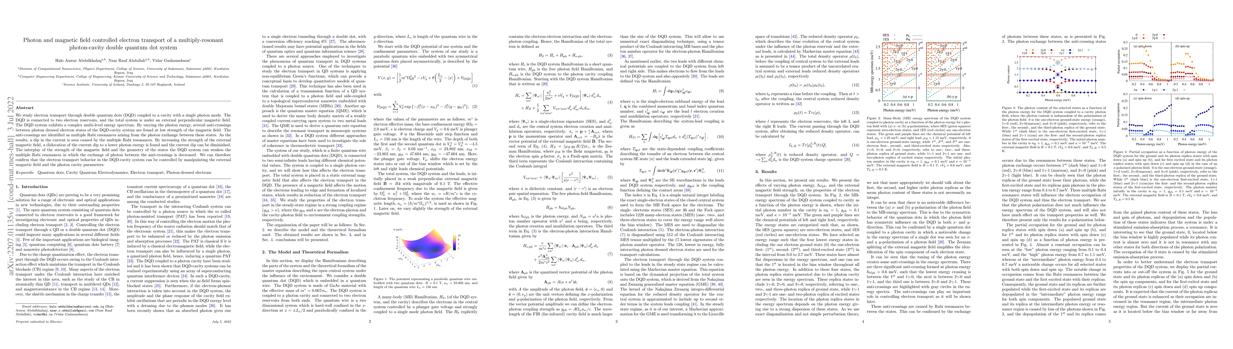 Thumbnail for Photon and magnetic field controlled electron transport of a
  multiply-resonant photon-cavity double quantum dot system