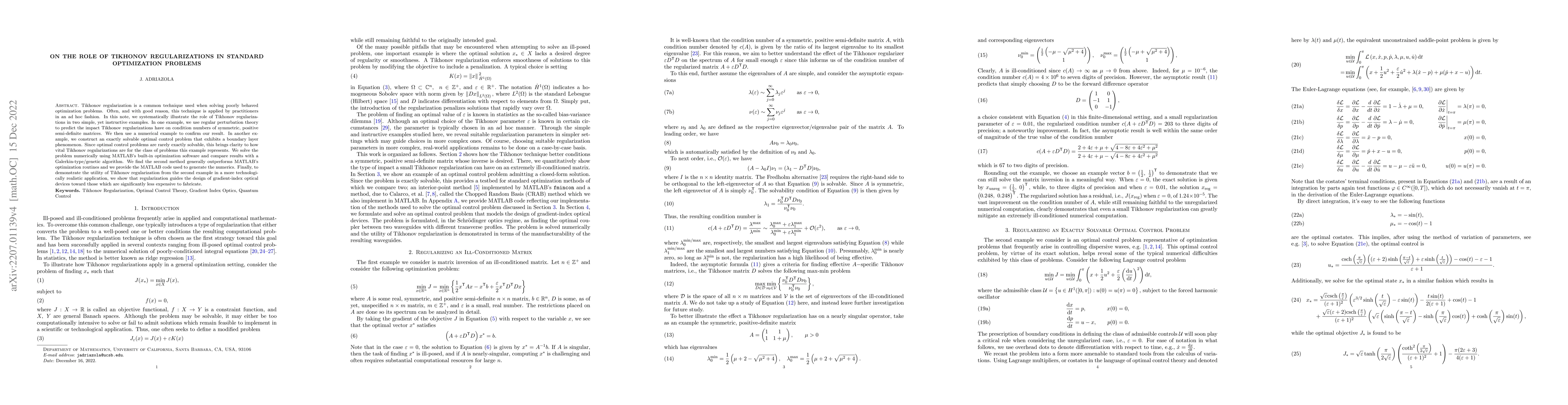 Thumbnail for On the Role of Tikhonov Regularizations in Standard Optimization
  Problems