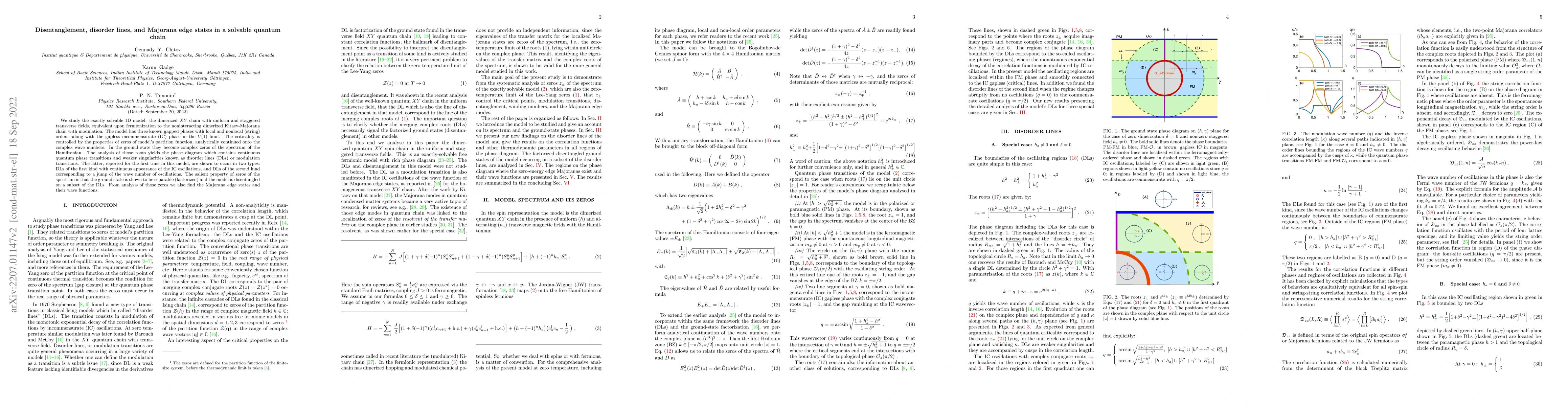 Thumbnail for Disentanglement, disorder lines, and Majorana edge states in a solvable
  quantum chain